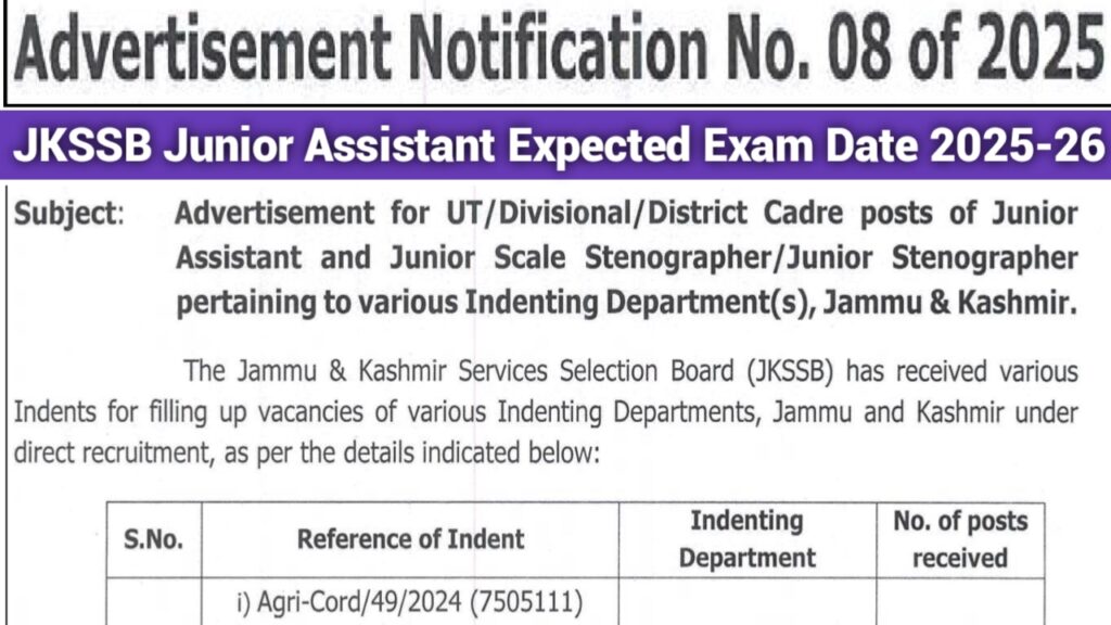 JKSSB Junior Assistant Expected Exam Date 2025-26